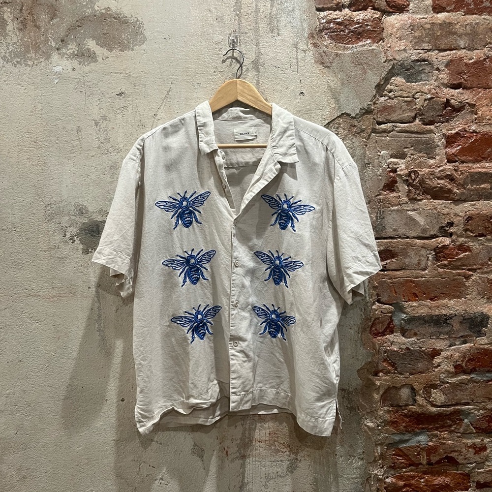 POLITICS Men's Linen Blend Embroidered Short Sleeve Button Down